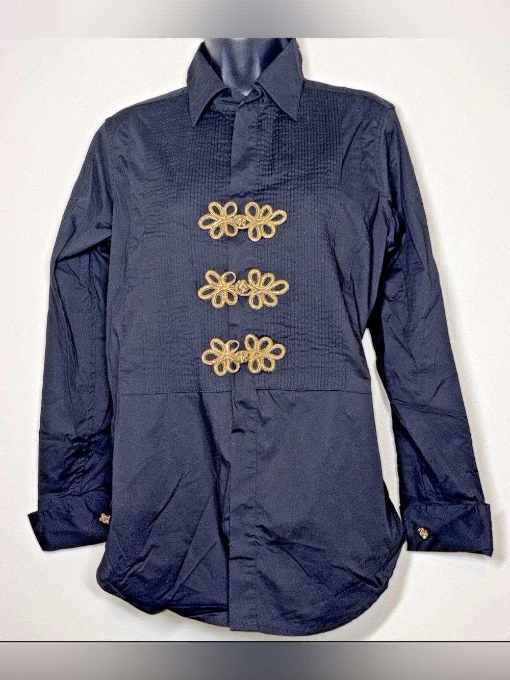 Soft Surroundings PS Petite S Blouse tuxedo shirt cotton stretch GOLD SOUTACHE